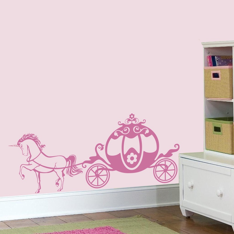 Cute Pink Chariot Princess Wall Decal, Unicorn Girly Vinyl Sticker